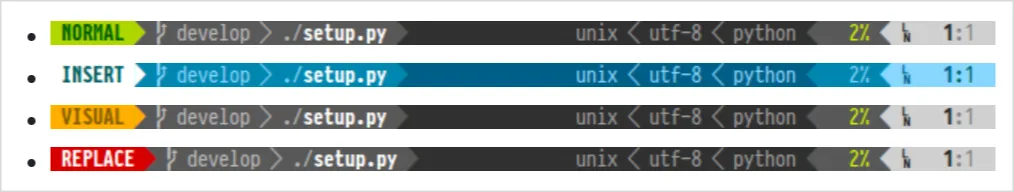 Vimステータスラインのモード別表示例(NORMAL、INSERT、VISUAL、REPLACE)